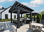 Thumbnail 52 of 59 - A patio with a table and chairs under a pergola.
