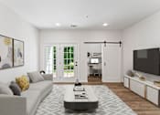 Thumbnail 2 of 27 - A modern living room with a grey sofa and a coffee table.