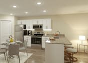 Thumbnail 6 of 9 - A kitchen with a table and chairs in front of it.