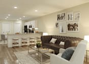 Thumbnail 7 of 9 - A modern living room with a brown leather couch and a television.