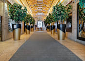 Thumbnail 30 of 32 - A long hallway with golden planters on each side.