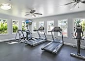Thumbnail 19 of 28 - A spacious home gym with treadmills, elliptical machines, and a ceiling fan.