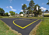Thumbnail 21 of 28 - A basketball court with a yellow outline on a sunny day.