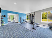 Thumbnail 12 of 29 - A gym with a blue carpet and a variety of equipment.
