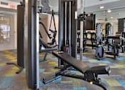 Thumbnail 22 of 38 - A gym with a weight bench and a squat rack.