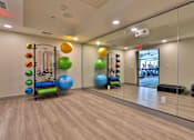 Thumbnail 21 of 38 - A gym with exercise equipment and a mirror on the wall.