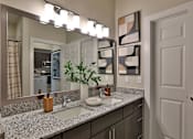 Thumbnail 8 of 38 - A bathroom with a vanity, a mirror, and a plant.