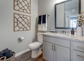 Thumbnail 14 of 43 - A bathroom with a toilet, sink, and mirror.