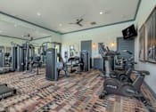 Thumbnail 34 of 43 - A gym with a variety of equipment including treadmills, weights, and exercise machines.