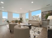Thumbnail 5 of 29 - a living room with couches and chairs and a view of the city