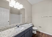 Thumbnail 22 of 42 - A bathroom with a marble countertop and a white toilet.