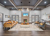 Thumbnail 24 of 42 - A living room with a fireplace and a TV on the wall.