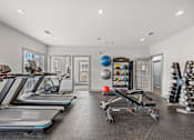 Thumbnail 30 of 42 - A spacious home gym with treadmills, exercise balls, and dumbbells.