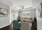 Thumbnail 23 of 23 - a living room with a couch and a chair and a ceiling fan