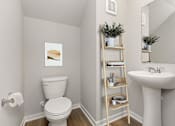 Thumbnail 8 of 8 - A white toilet sits next to a white sink with a wooden shelf above it.