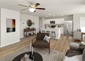 Thumbnail 2 of 8 - A modern living room with a brown chair in the center.