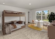 Thumbnail 5 of 8 - A bedroom with a large bed and a yellow rug.