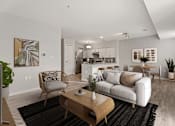 Thumbnail 1 of 47 - A modern living room with a white sofa, wooden coffee table, and a TV on the left side.