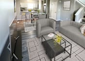 Thumbnail 3 of 47 - A modern living room with a glass coffee table and a grey couch.