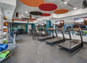 Thumbnail 21 of 41 - a gym with treadmills and other exercise equipment in a building with colorful ceilings