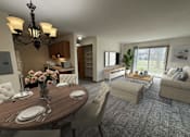 Thumbnail 25 of 29 - A dining room with a table set for two and a chandelier hanging from the ceiling.