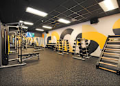 Thumbnail 22 of 41 - A gym with a variety of equipment including a squat rack, bench press, and a leg press machine.