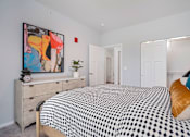 Thumbnail 14 of 26 - A bedroom with a bed, dresser, and a painting on the wall.
