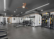 Thumbnail 14 of 18 - A spacious gym with a variety of equipment including treadmills, weights, and a ceiling fan.
