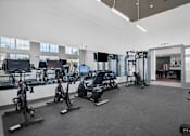 Thumbnail 19 of 53 - A gym with a variety of exercise equipment including treadmills, stationary bikes, and weight machines.
