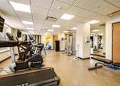 Thumbnail 14 of 16 - A gym with a treadmill, weights, and exercise equipment.