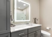 Thumbnail 10 of 82 - a bathroom with gray cabinets and a white sink