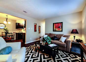 Thumbnail 5 of 24 - A living room with a white couch and a black and white rug.