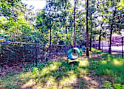 Thumbnail 23 of 24 - A green playground slide in a sunny, wooded area.