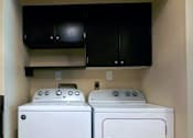 Thumbnail 15 of 24 - Two white washing machines in a small laundry room.