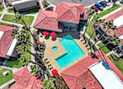 Thumbnail 9 of 23 - A red roofed house with a swimming pool in the backyard.