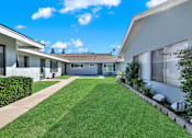 Thumbnail 6 of 35 - A row of houses with green lawns and a clear blue sky.