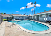 Thumbnail 1 of 35 - A pool surrounded by a black fence with a chair and palm trees in the background.