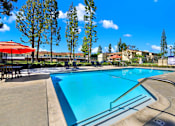 Thumbnail 2 of 27 - Swimming pool with patio seating and umbrellas at ELEVATE Apartments HOMES, Placentia, CA 92870