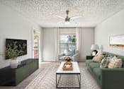 Thumbnail 10 of 32 - A living room with a green couch and a coffee table.