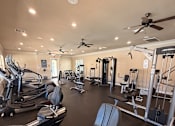 Thumbnail 10 of 20 - A gym with treadmills, weights, and exercise equipment.