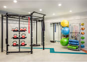 Thumbnail 16 of 31 - A gym with a weight rack, kettlebells, and exercise balls.