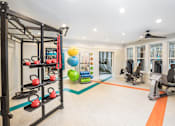 Thumbnail 15 of 31 - A fitness center gym with a variety of equipment including a weight rack, exercise balls, and a treadmill.