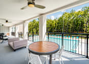 Thumbnail 21 of 31 - A patio with a table, chairs, and a pool.
