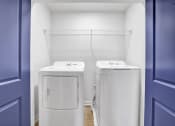 Thumbnail 21 of 28 - two washing machines in a room with a blue door