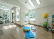 Thumbnail 8 of 34 - a workout room with yoga mats and a gym ball on the wall
