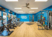 Thumbnail 2 of 25 - a gym with exercise equipment and a ceiling fan