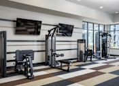 Thumbnail 12 of 22 - A gym with a variety of equipment including a bench, weights, and a television.