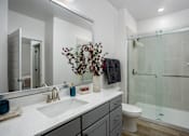 Thumbnail 20 of 22 - A bathroom with a white sink, a mirror, a toilet, and a shower.