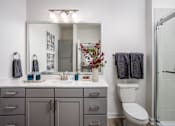 Thumbnail 19 of 22 - A bathroom with a white toilet and a mirror above the sink.