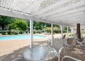Thumbnail 23 of 31 - Covered Patio with tables and chairs at Malibu at Martin Apartments in Huntsville, Alabama
